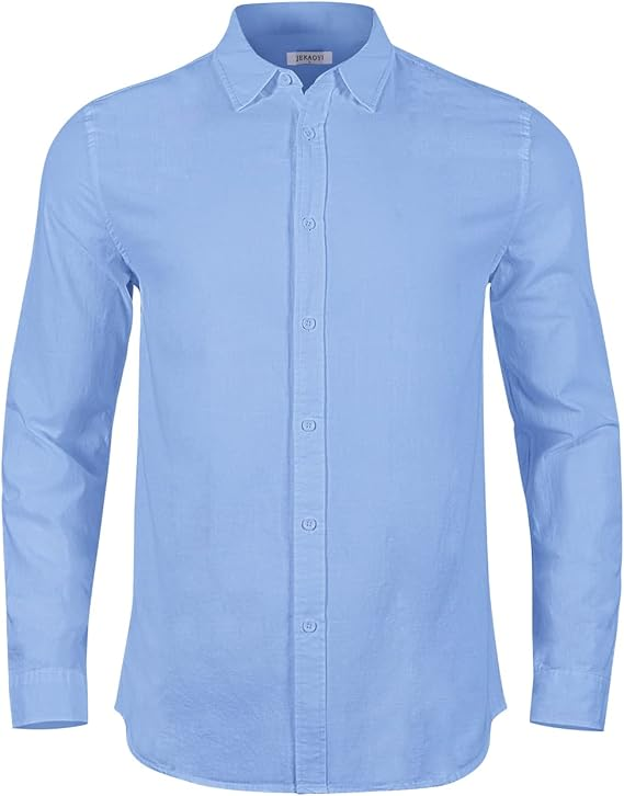 Camisas casuales de lino de algodón de manga larga para hombre, con botones, lisas, lisas, enrollables, para verano y playa