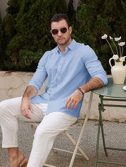 Camisas casuales de lino de algodón de manga larga para hombre, con botones, lisas, lisas, enrollables, para verano y playa