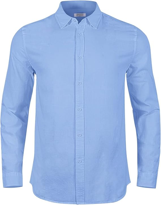Camisas casuales de lino de algodón de manga larga para hombre, con botones, lisas, lisas, enrollables, para verano y playa